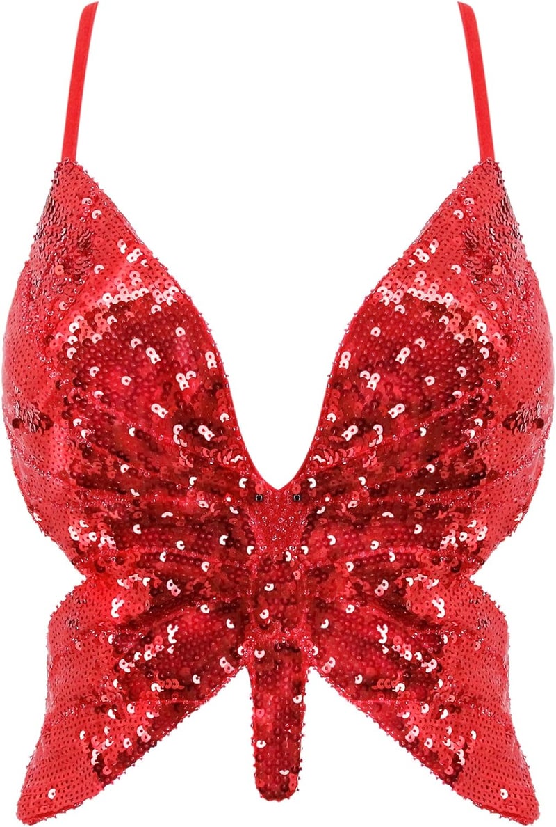Mocure Womens Glitter Sequin Butterfly Crop Top Low-Cut Tank Top Rave Tube Vest Top for Belly Dance Costume Outfits - Image 1